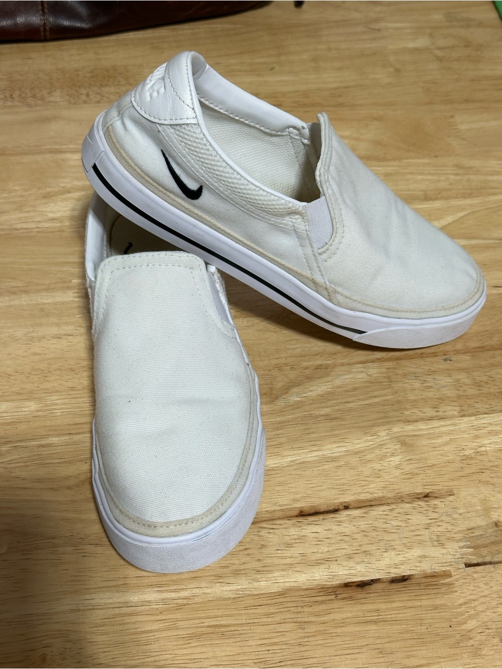 Nike Kids White Slip-On Sneakers with Black Swoosh